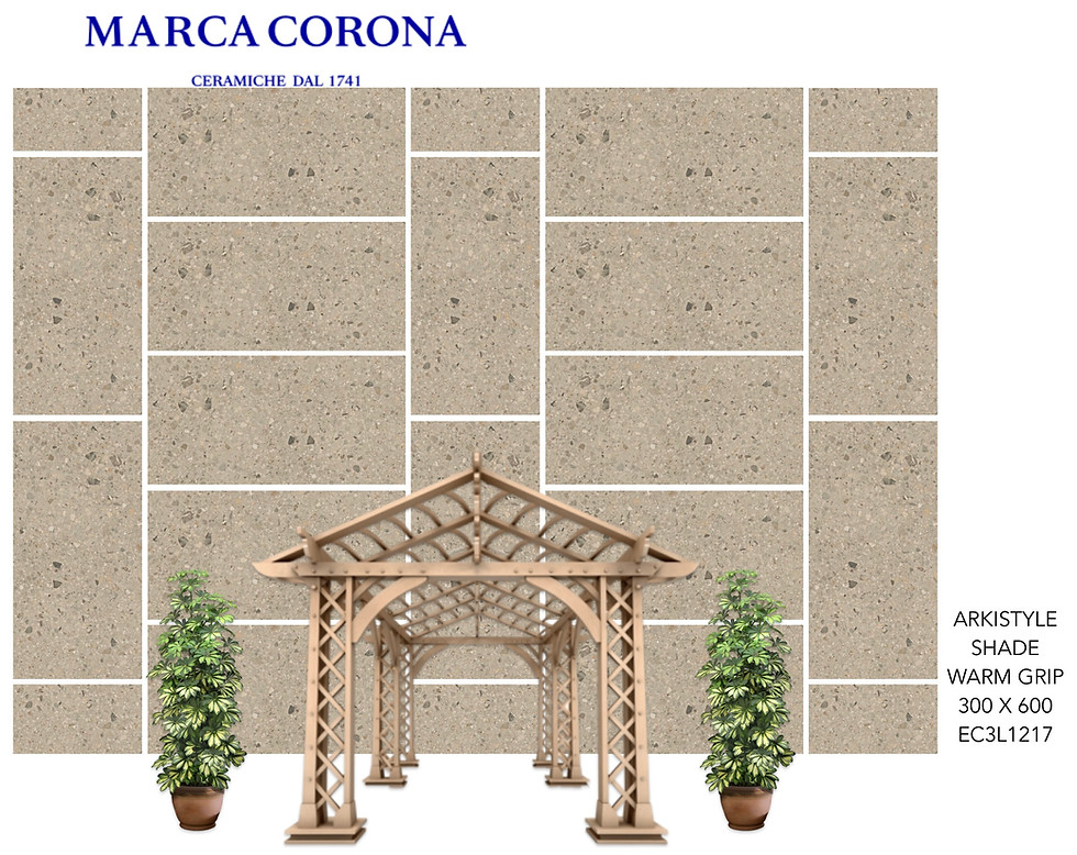 The image shows a tile layout displaying the Arkistyle Shade warm grip with outdoor furnishings