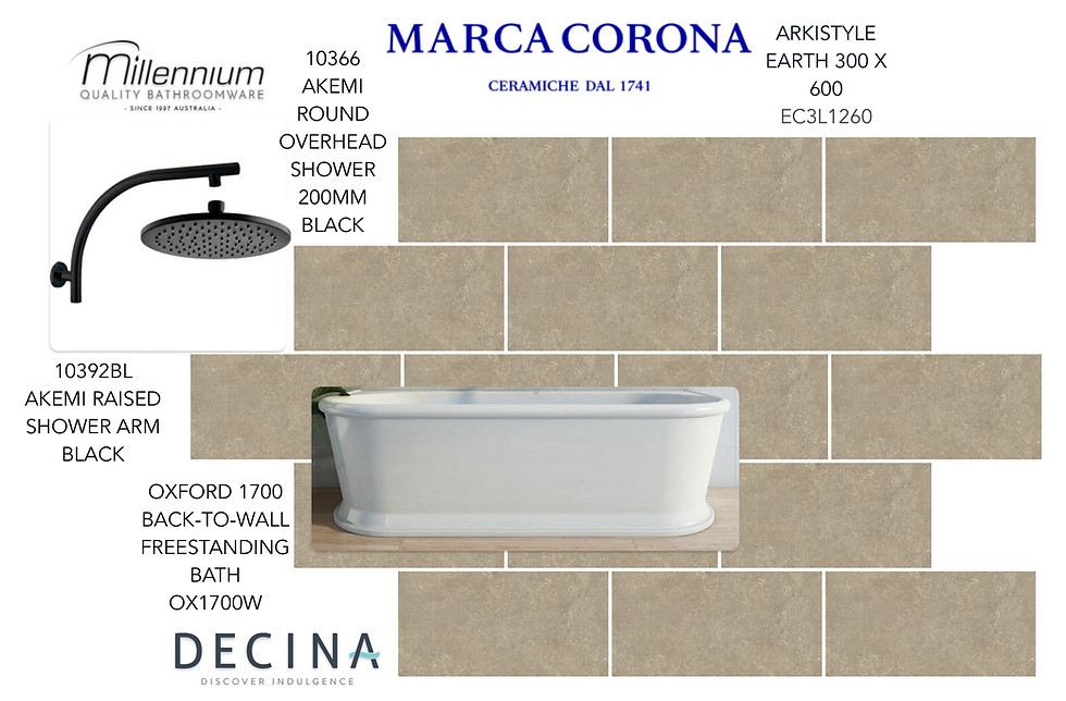 The image shows a subway style layout displaying the Arkistyle Earth tile with Millennium and Decina products