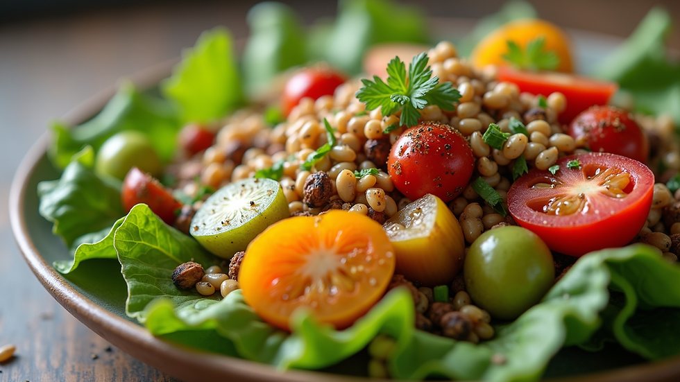 Close-up view of a healthy meal with colorful vegetables and grains