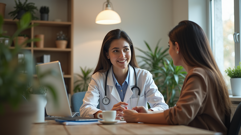 Eye-level view of a nutritionist consulting with a client in a cozy office