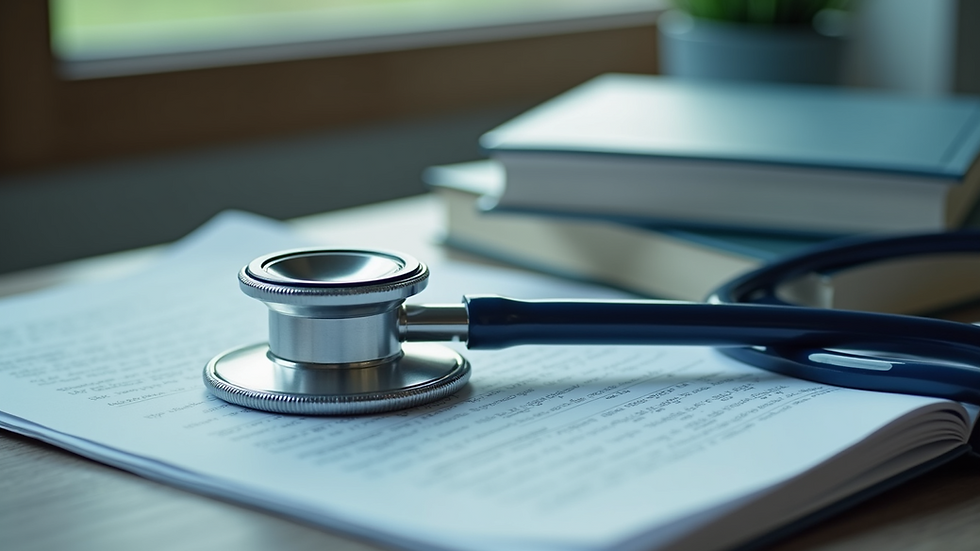 High angle view of medical books and a stethoscope on a desk