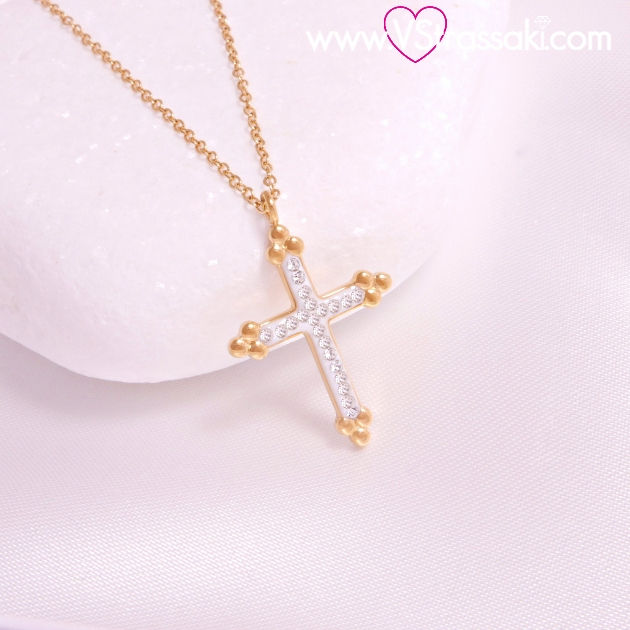 Ατσάλινο κοντό κολιέ με σταυρό και λευκές πετρούλες, χρυσό