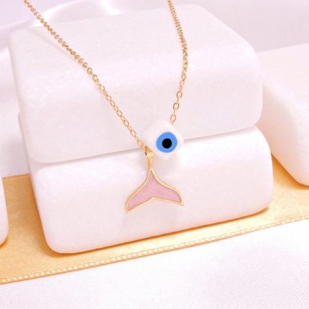 Καλοκαιρινό κολιέ με ατσάλινη ροζ ουρά γοργόνας και κύβο με ματάκι χρυσό