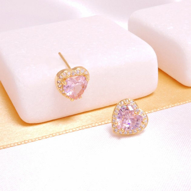 Σκουλαρίκια με ροζ καρδιά και λευκά ζιργκόν 1.2cm με καρφάκι από 925 ασήμι
