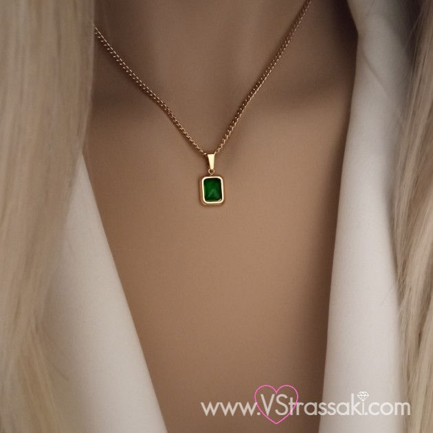 Ατσάλινο κολιέ με σμαραγδί κρύσταλλο χρυσό