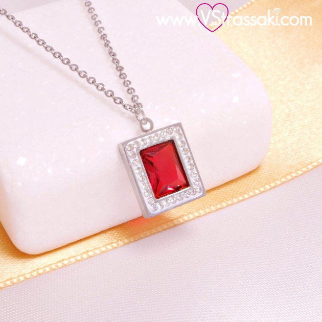 Ατσάλινο κολιέ με ροζέτα με κόκκινο κρύσταλλο και λευκά ζιργκόν ασημί