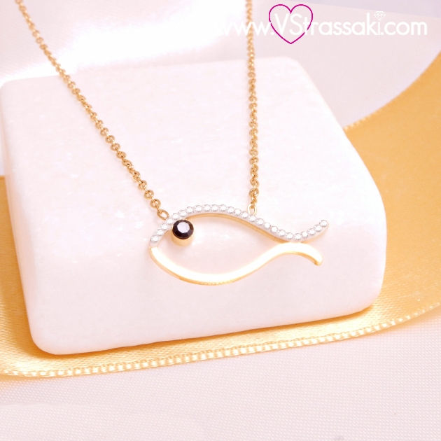 Ατσάλινο κολιέ με ψαράκι και ζιργκόν χρυσό