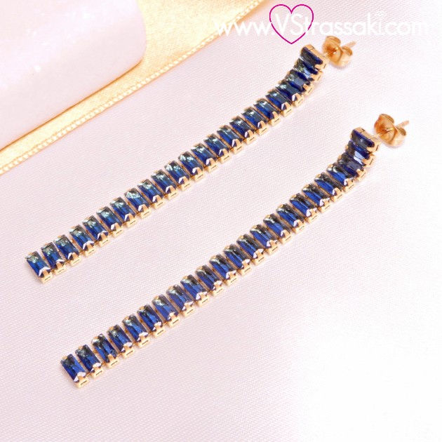 Ατσάλινα σκουλαρίκια με μπλε ορθογώνια ζιργκόν μακριά 7.2cm χρυσό