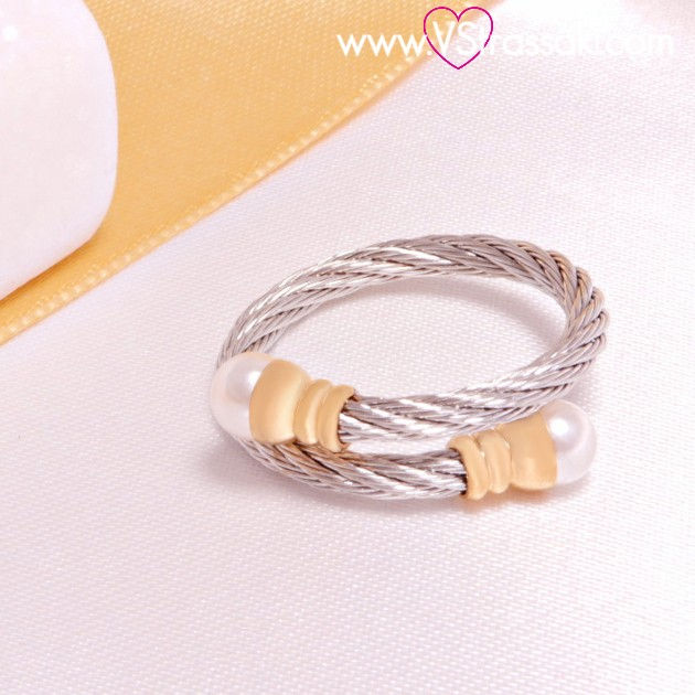 Ατσάλινο δαχτυλίδι στριφτό με λευκές πέρλες ασημί