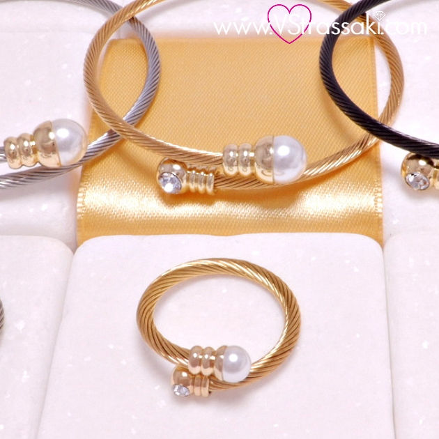 Μικρογραφία: Σετ Ατσάλινο Στριφτό Βραχιόλι και Ατσάλινο Στριφτό Δαχτυλίδι με Πέρλα 6183