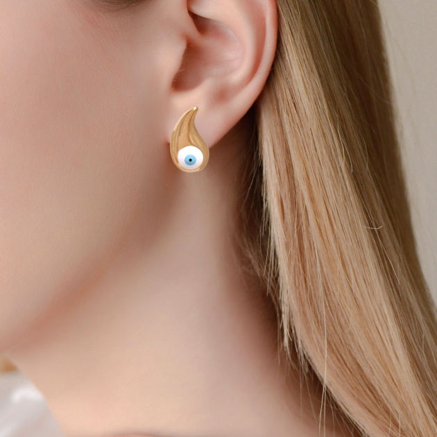 Ατσάλινα σκουλαρίκια σταγόνα με μάτι κοντά 1.9cm χρυσό