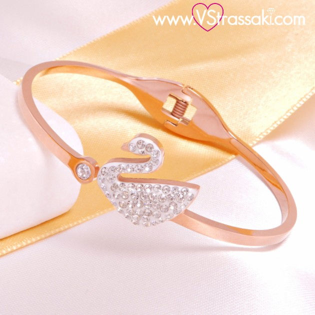 Ατσάλινο Βραχιόλι Χειροπέδα με Κύκνο και Ζιργκόν, Ροζ Χρυσό 6901