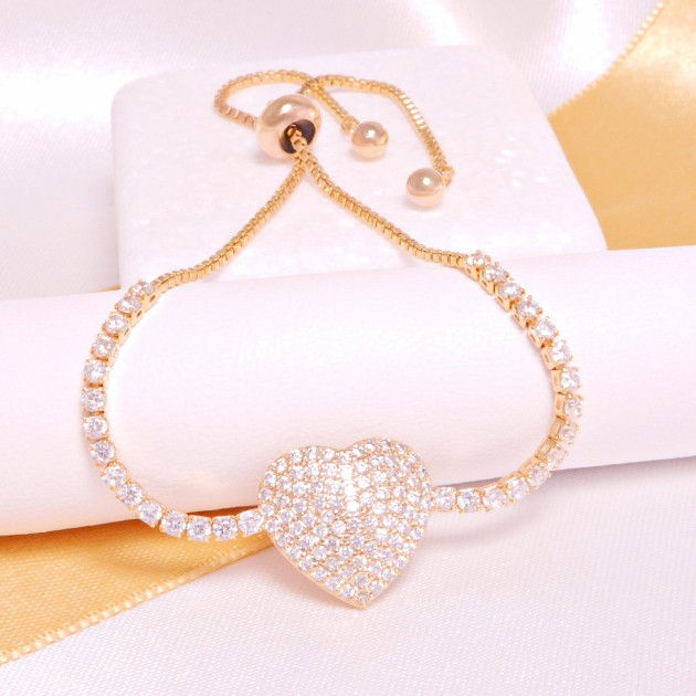 Βραχιόλι με καρδιά και λευκές πετρούλες από ορείχαλκο χρυσό