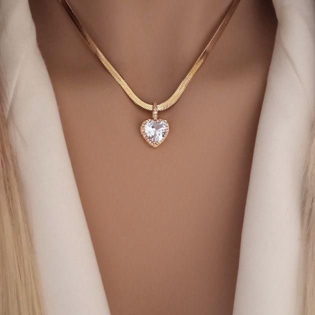 Ατσάλινο κολιέ με αλυσίδα φίδι και ορειχάλκινη κρυστάλλινη καρδιά χρυσό