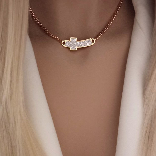 Ατσάλινο κοντό κολιέ με σταυρό με λευκές πέτρες χρυσό