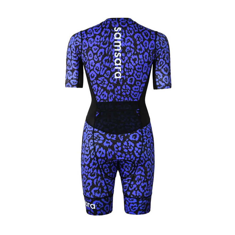 Thumbnail: Samsara cycling women's triathlon training suit in iris purple with leopard print