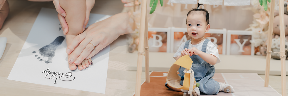 扶日抓周派對上的寶寶開心與聰明門合照,爸媽帶著寶寶一起留下1歲的小腳印證書