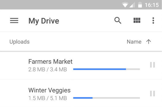 A Screenshot of Google Drive Android App that shows uploading progress of two files