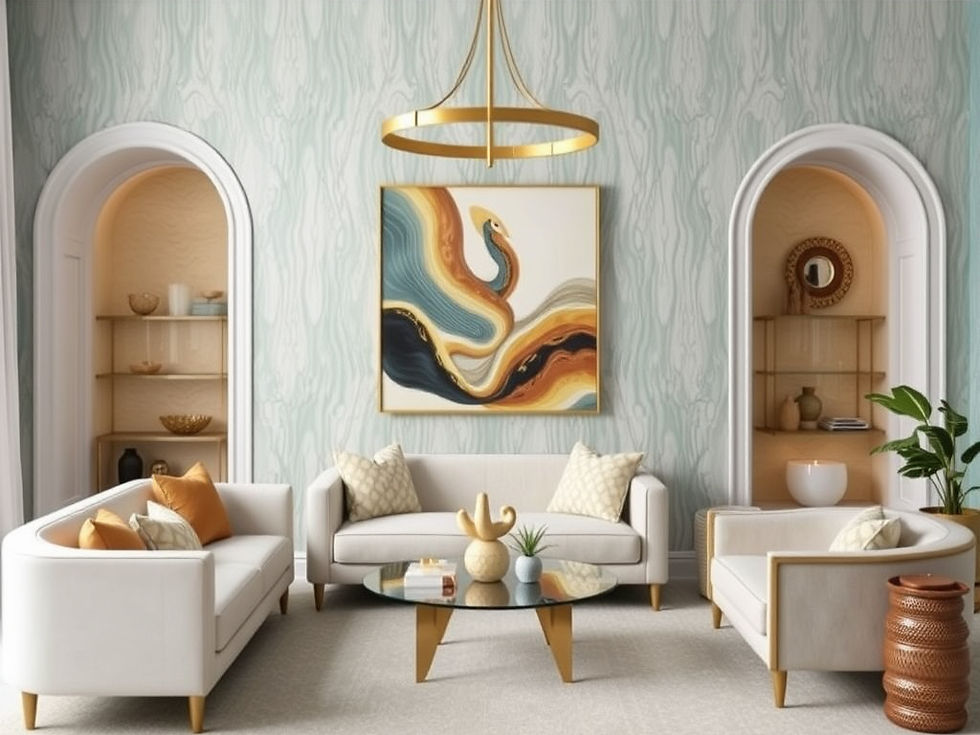 منظر عين الطائر لغرفة معيشة خليجية فاخرة بألوان دافئة ومواد طبيعية