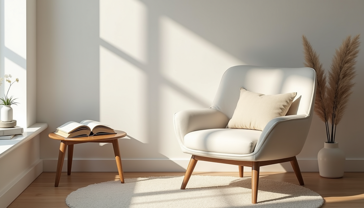 Close-up view of a cozy reading nook with a Cloud Dancer upholstered armchair, beige cushions, and a wooden side table