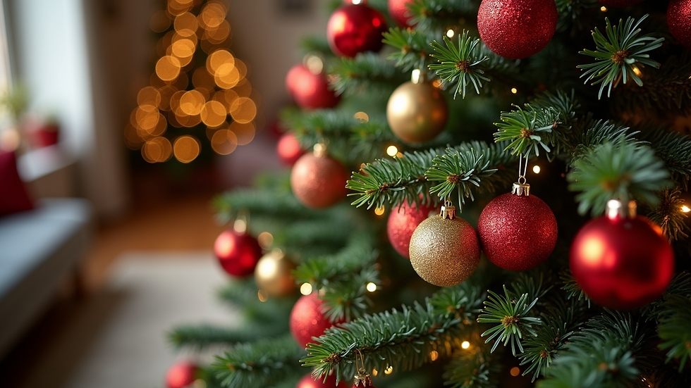 High angle view of a Christmas tree with colorful decorations