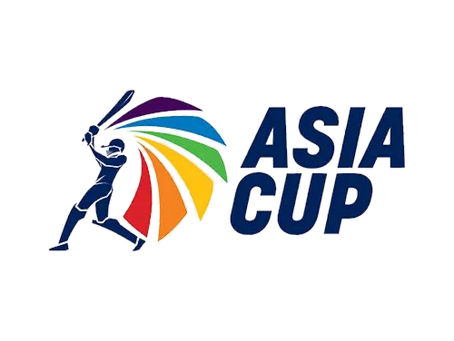 Cricket player silhouette with a rainbow swoosh, beside bold "ASIA CUP" text. White background, colorful and dynamic design.