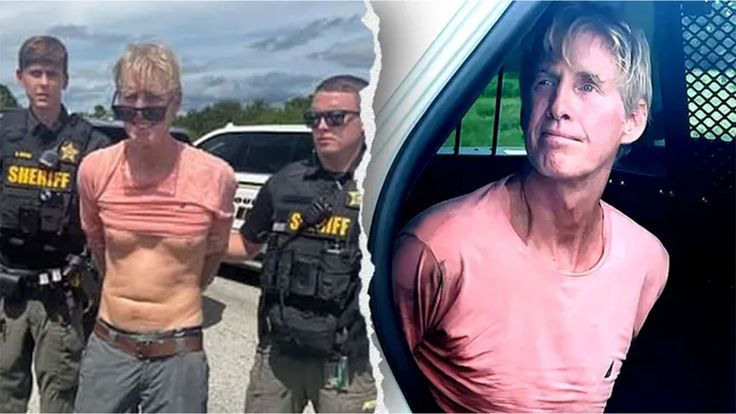 Ryan Routh, in a pink shirt, handcuffed, flanked by two officers in "Sheriff" uniforms, outdoors. Second image shows him in a police vehicle.
