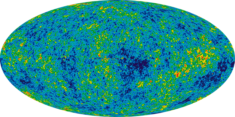 Colourful cosmic microwave background map with blue, green, and yellow patches, showing temperature variations across the universe.