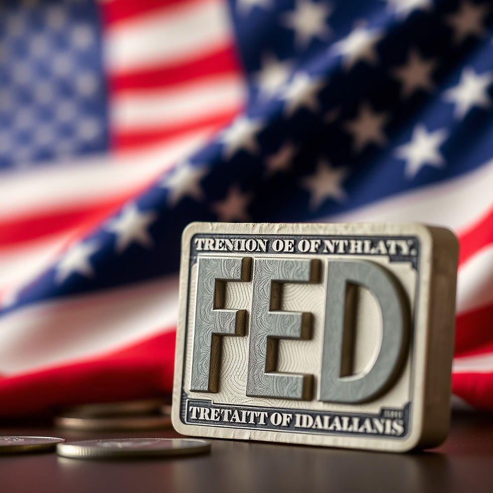 Currency with Benjamin Franklin, "FED" in bold letters, U.S. flag background, and scattered gray stones. Patriotic and financial theme.