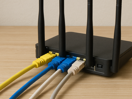 Wi-Fi router with four black antennas, connected to four colorful Ethernet cables (yellow, blue, beige) on a wooden surface.