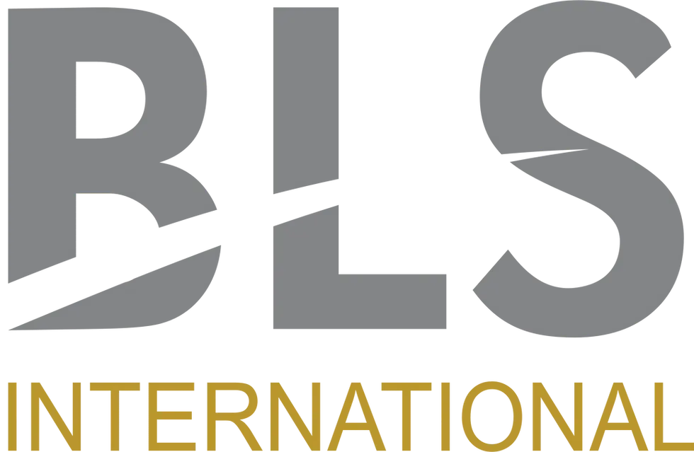 BLS International logo with 'BLS' in large gray letters and 'INTERNATIONAL' below in gold on a black background.