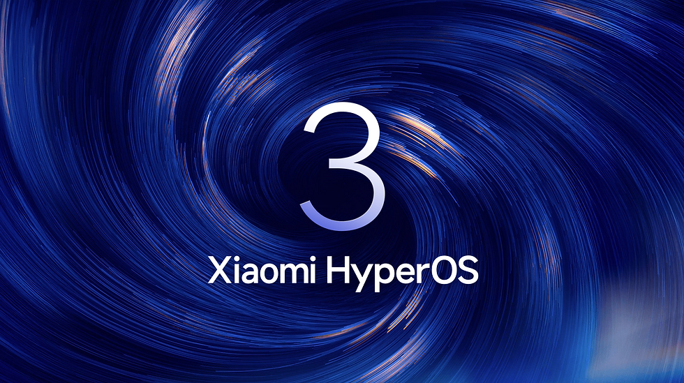 Blue vortex pattern with white text "3 Xiaomi HyperOS" in the center, creating a dynamic and futuristic mood.