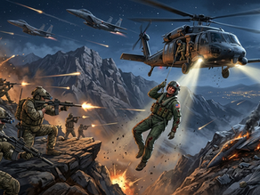 Soldiers fire on a rocky mountain at night with explosions. A helicopter airlifts a crewman. Jets fly above under a full moon. Intense scene.