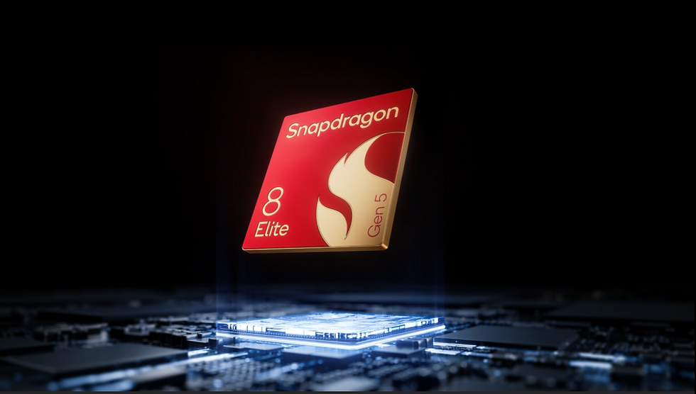 Floating red chip labeled "Snapdragon 8 Elite Gen 5" over illuminated motherboard against a dark background, suggesting innovation.