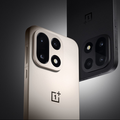 Two smartphones, one beige and one black, with triple cameras and "1+" logo. Set against a dark gradient background. Sleek design.
