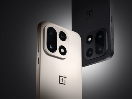 Two smartphones, one beige and one black, with triple cameras and "1+" logo. Set against a dark gradient background. Sleek design.