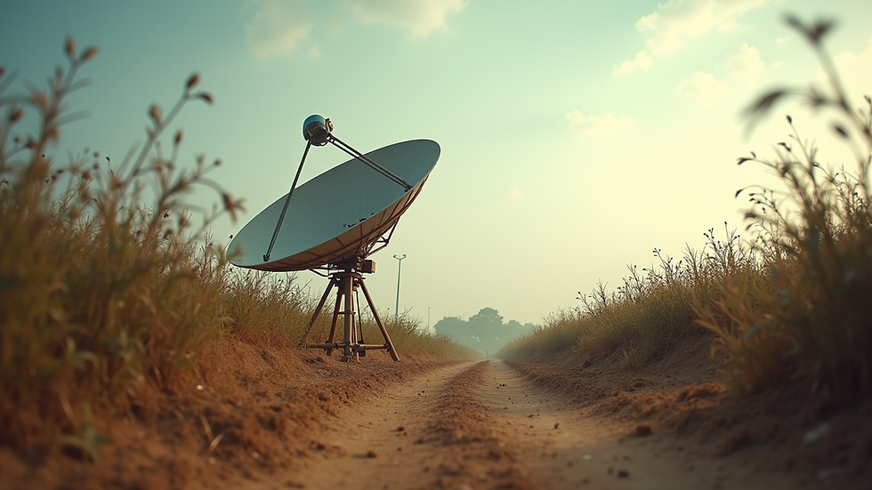 Eye-level view of a satellite dish in a rural Indian village
