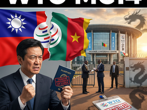 A person holds a Taiwan passport, looking frustrated. Torn flags of Taiwan and Cameroon in the background.