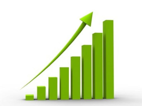 Green 3D bar graph with an upward arrow, symbolising growth or progress of Anant Raj Ltd Share price. Bars increase in height from left to right. White background.
