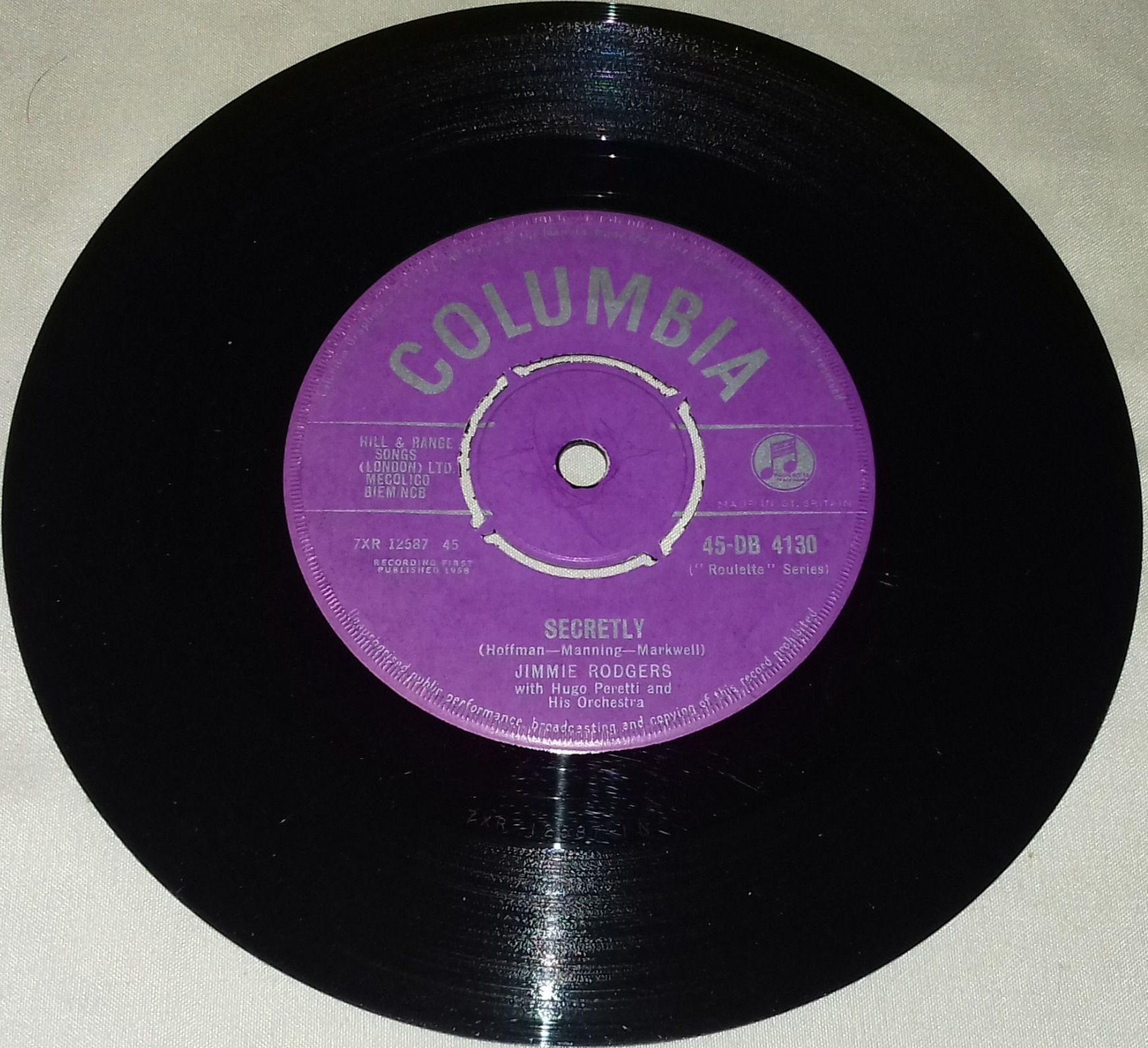 Jimmie Rodgers With Hugo Peretti And His Orchestra* - Secretly (7", Mono) (