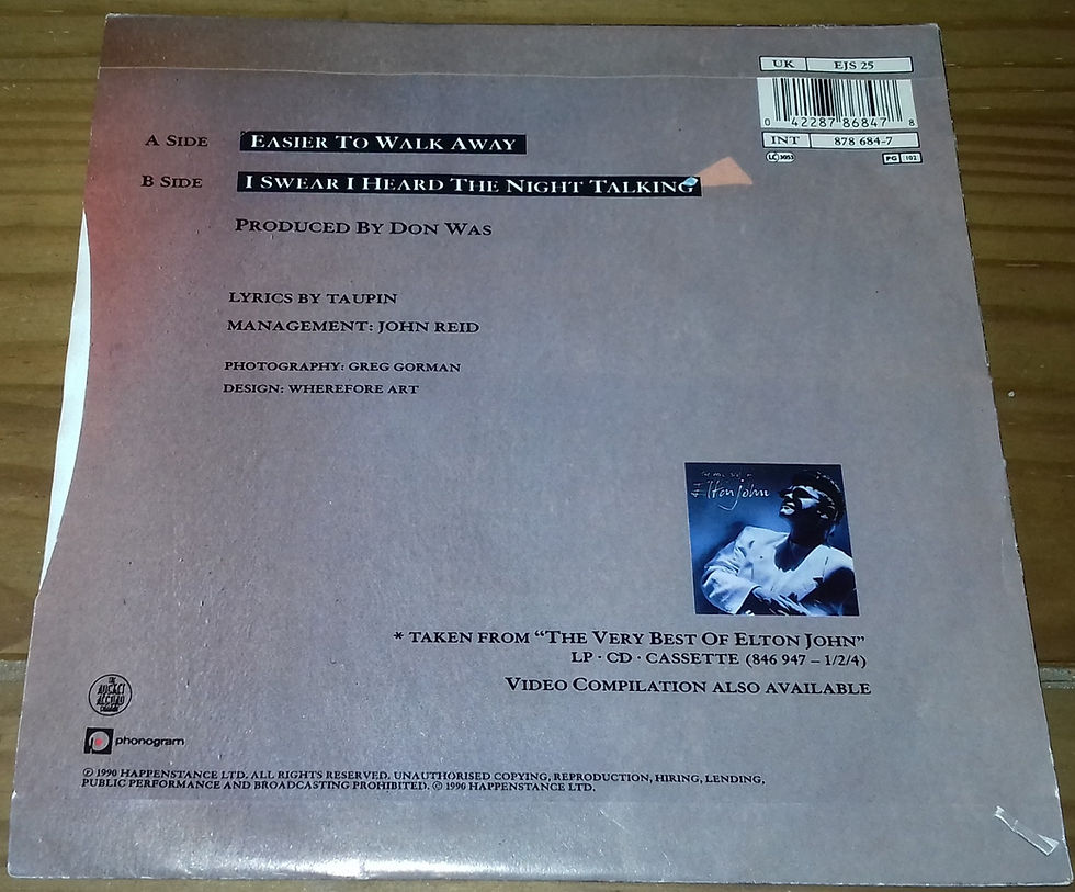 ภาพขนาดย่อ: Elton John - Easier To Walk Away (7", Single) (The Rocket Record Company, The Ro