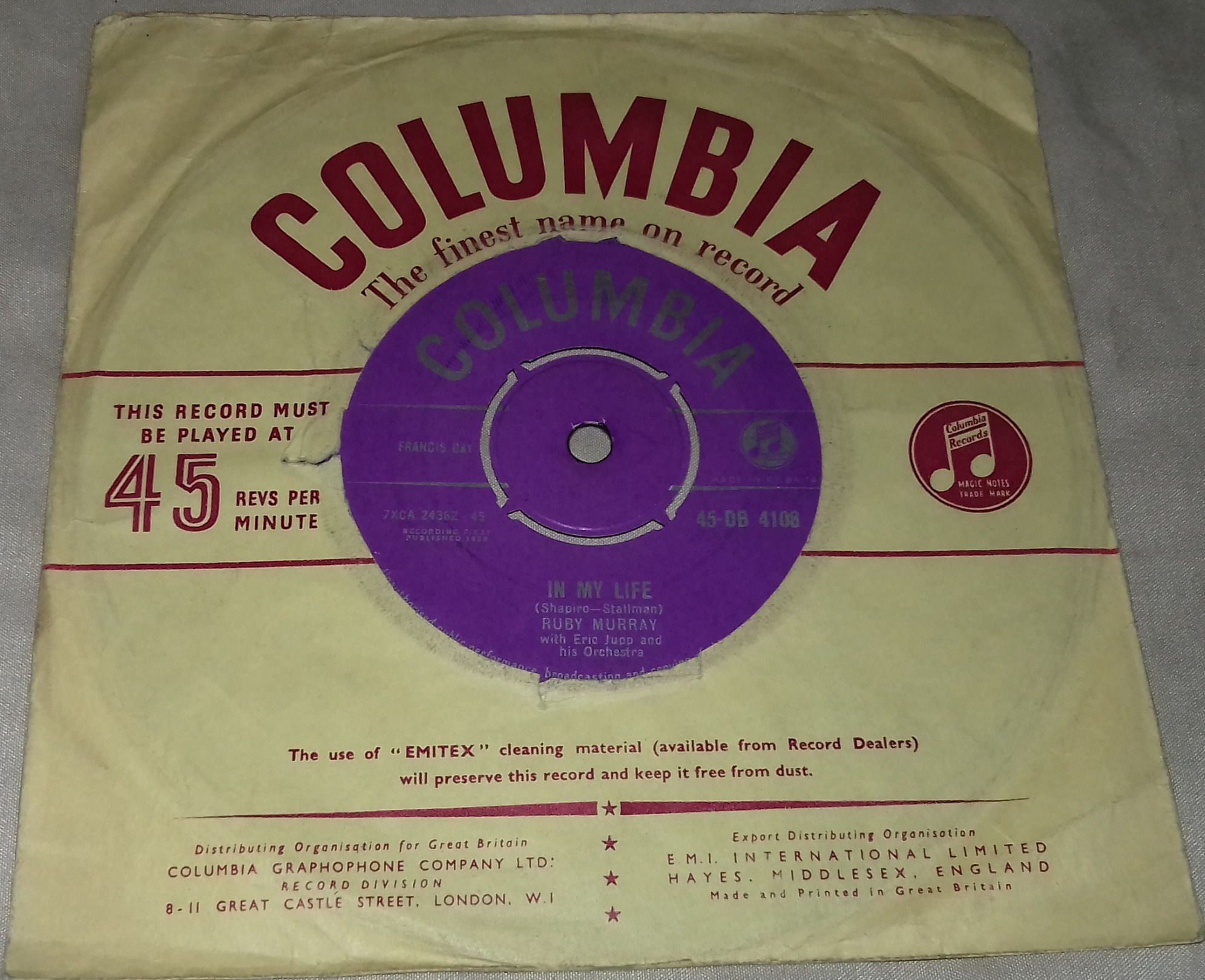 Ruby Murray with Eric Jupp And His Orchestra - In My Life (7", Single) (Columbia