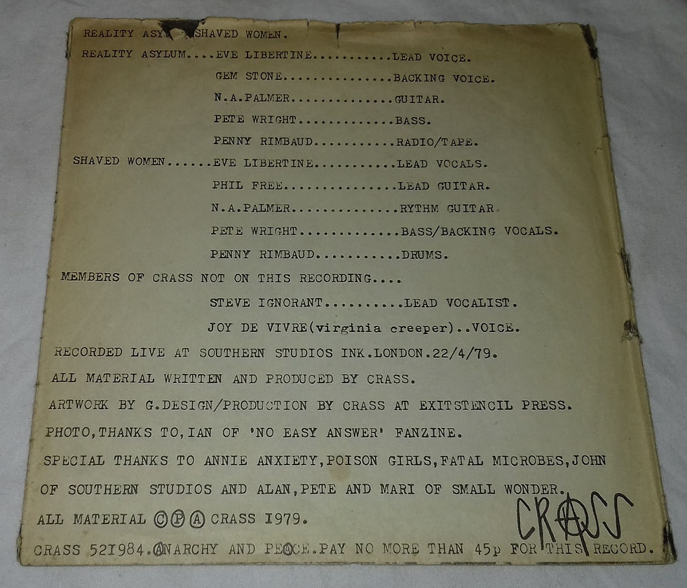 ภาพขนาดย่อ: Crass - Reality Asylum / Shaved Women (7", RP, Fol) (Crass Records)