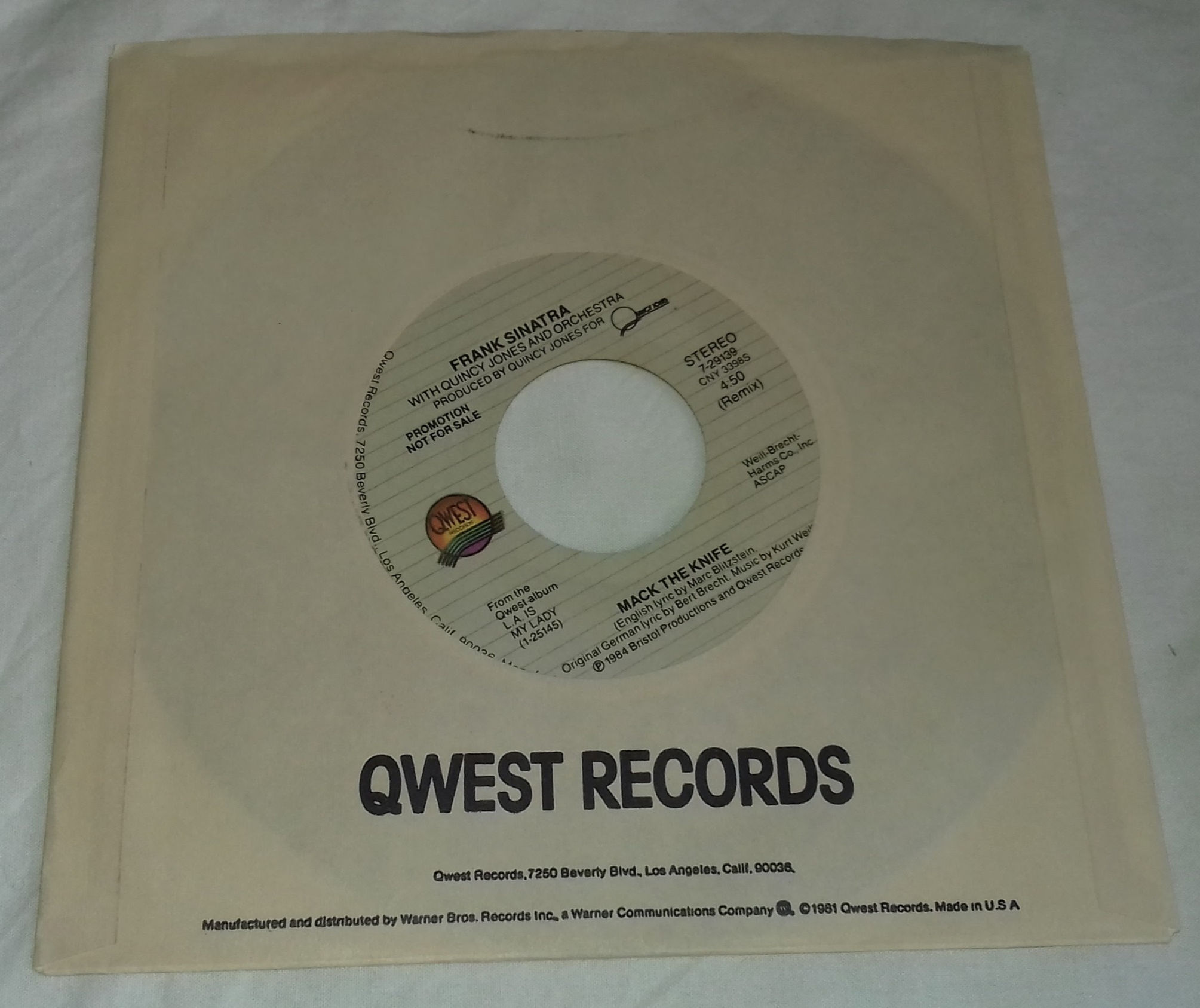 Frank Sinatra - Mack The Knife (Remix) (7", Promo) (Qwest Records)