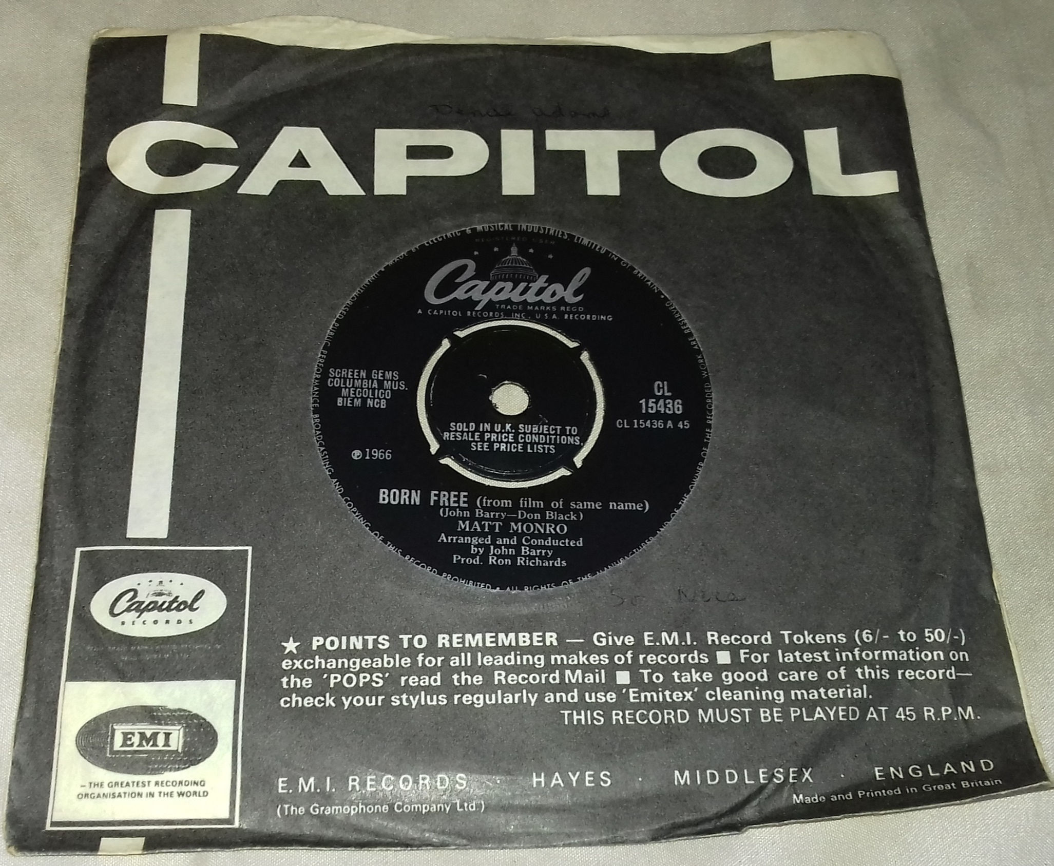 Matt Monro - Born Free (7", Single) (Capitol Records)