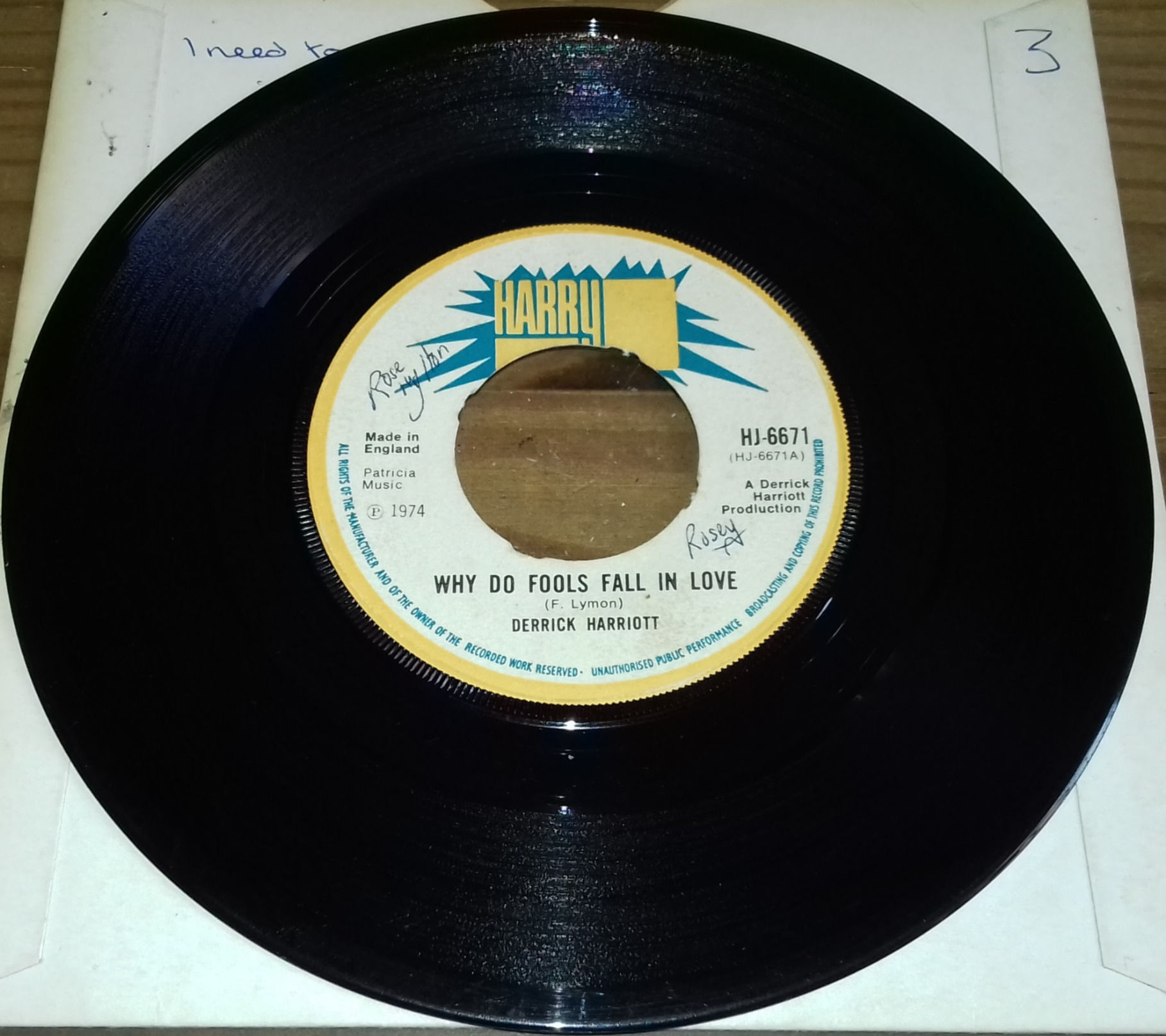 Derrick Harriot* - Why Do Fools Fall In Love (7", Single, 4-p) (Harry J Records)