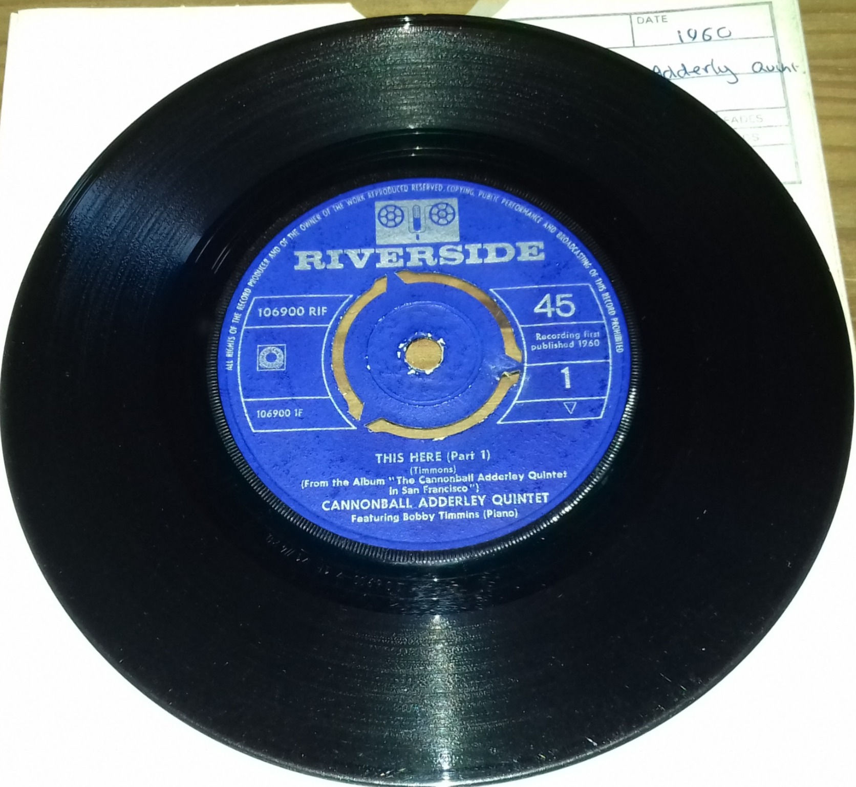 Cannonball Adderley Quintet* - This Here (7", Single, Mono) (Riverside Records)