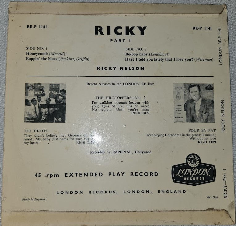 サムネイル： Ricky Nelson  - Ricky Part 1 (7", EP, Tri) (London Records, London Records)