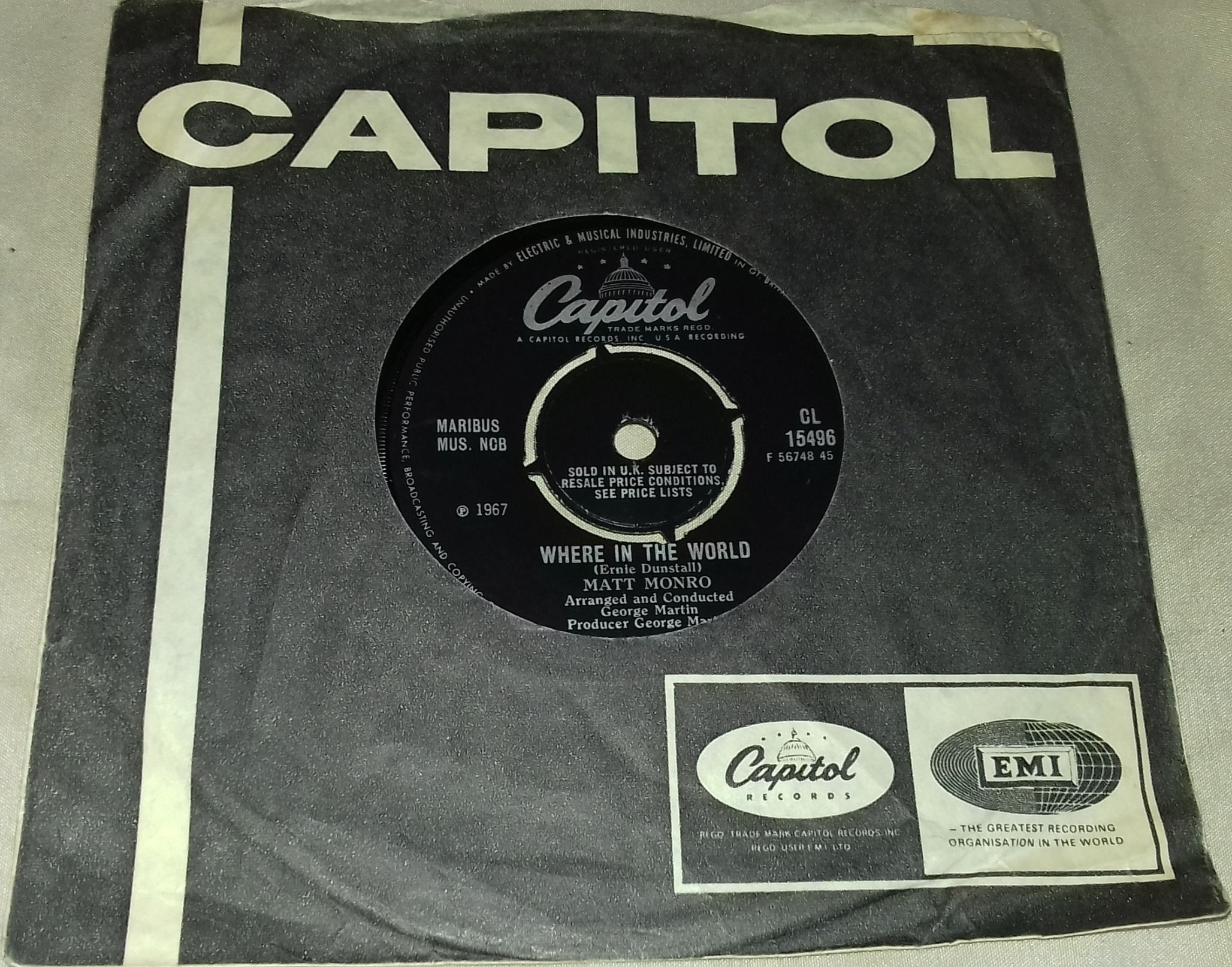 Matt Monro - Where In The World (7", Pus) (Capitol Records)