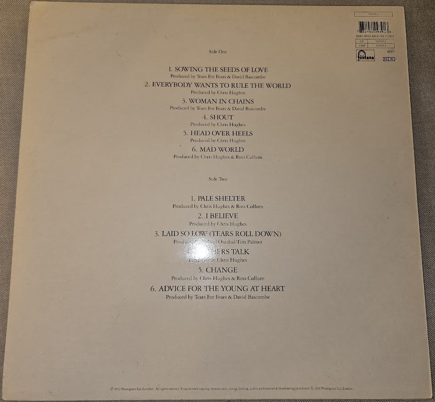 Thumbnail: Tears For Fears - Tears Roll Down (Greatest Hits 82-92) (LP, Comp) (Fontana)
